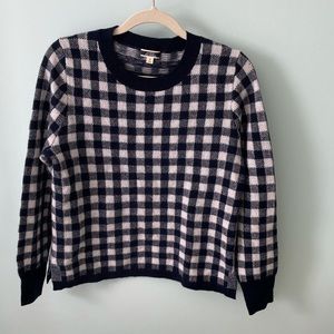 J. Crew White and navy gingham  print cashmere crewneck sweater